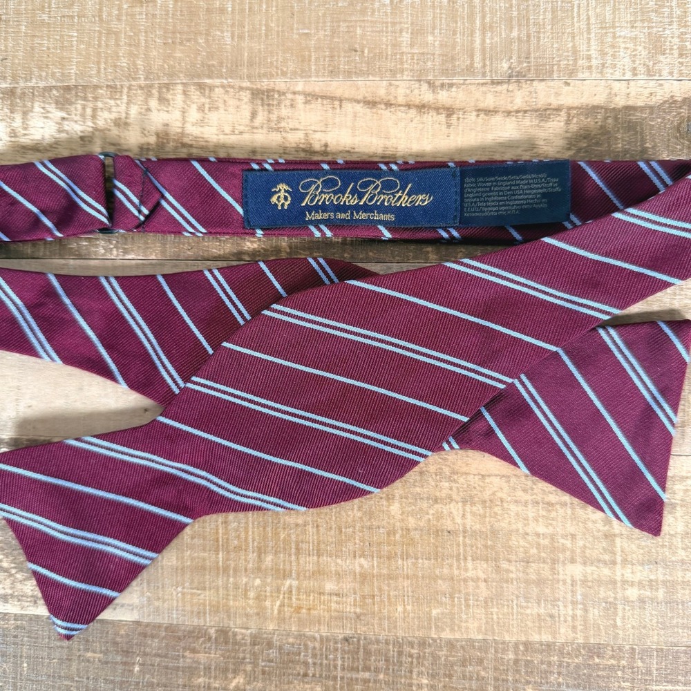 Brooks Brothers Makers Bow Tie Mens Burgundy Blue Striped Silk Made In USA